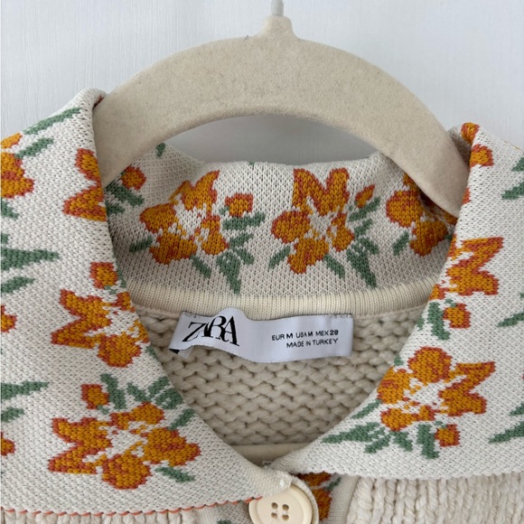 Zara Cream Knit Cardigan Floral-Trim Collar Cottagecore Women Medium Prairie - Picture 3 of 10